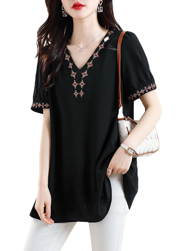 

Summer 2024 plus Size Vintage Color Blo V-Ne ort Sve T-irt Women's Top Slimming Meat Covering irt Casual Commute...
