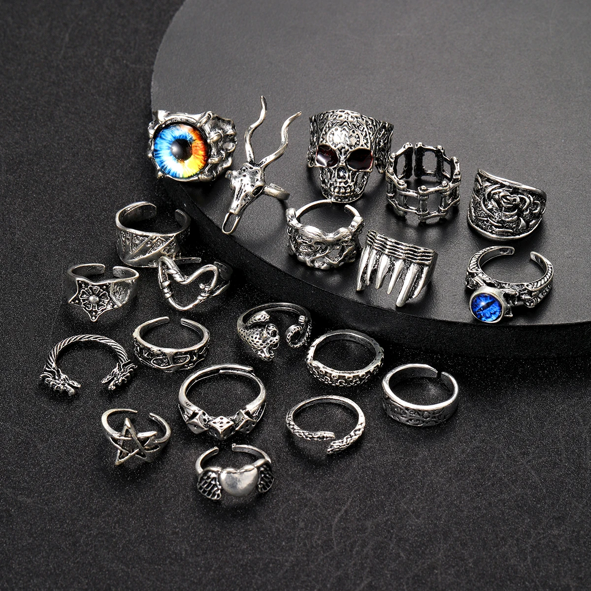 20Pcs/Set Retro Punk Gothic Rings for Women Men Silver Color Heart Evil Eyes Skull Snake Pentagram Rings Set Trendy Jewelry Gift