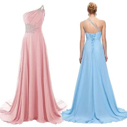 A Line Chiffon Beading Pleat Elegant One Shoulder Bridesmaid Dresses Wedding Party Evening Formal Prom Sweep Train Corset Back