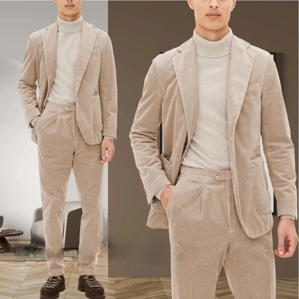 

Вельветовый мужской костюм, комплект из 2 предметов, куртка с лацканами и брюками (пиджак + брюки), однобортный комплект делового костюма на заказ