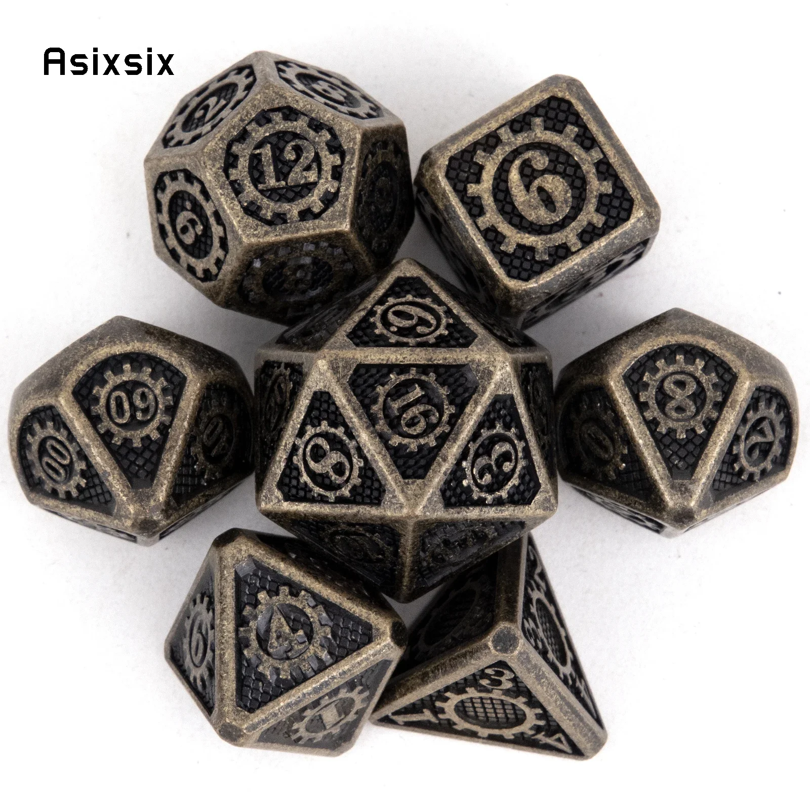 

7 Pcs Yellow Gear Wheel Metal Dice Solid Metal Polyhedral Dice Set Suitable for Role-Playing RPG Board Game Card Game