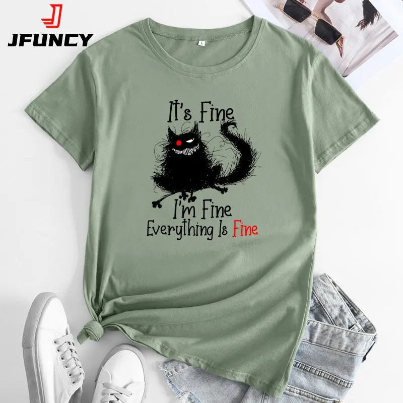 

JFUNCY Women T-shirt Oversized Women's Tee Shirt Female Tshirt Short Sleeve Woman Tops 2024 Fashion Cartoon Cat Graphic T Shirts