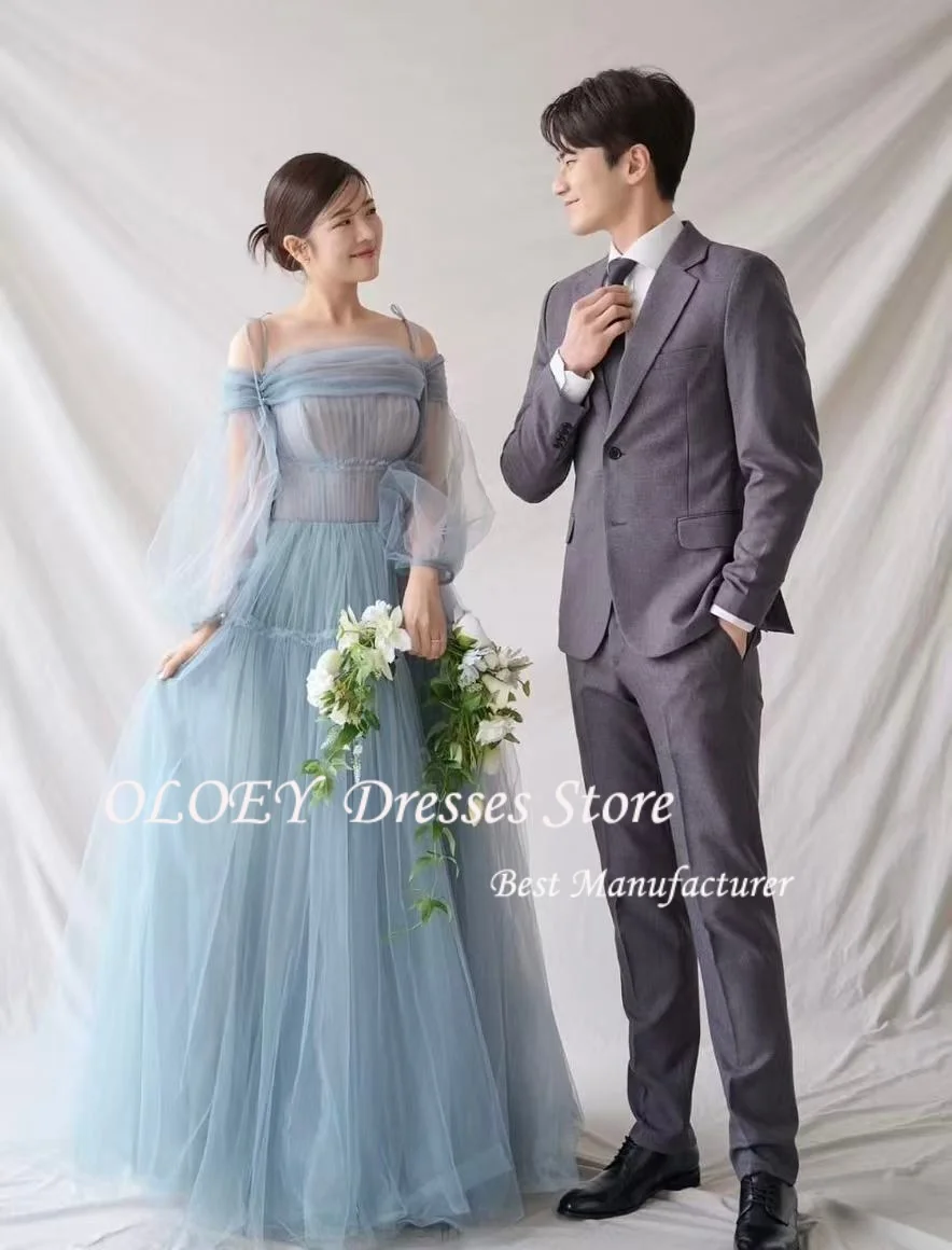 

OLOEY Fairy Tulle Blue Evening Dress Korea Photo Shoot Sweetheart Wedding Dress Floor Length Corset Customized