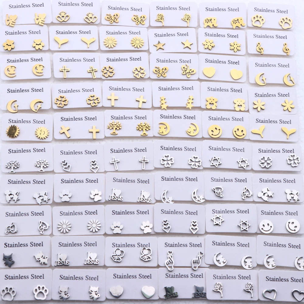 30Pairs/Lot Fashion Simple Stainless Steel Stud Earrings For Women Flower Mixed Style Jewelry Accessories Party Gift Wholesale