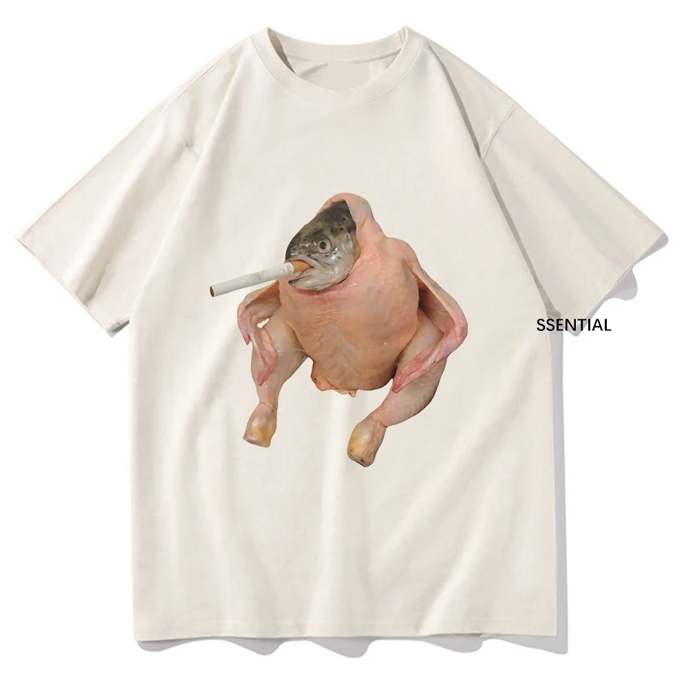 chicken fish cigarette Fish Face Chicken Smoking A Cigarette Meme Tshirt Funny Men/Women Clothing  Harajuku T-shirt Unisex Cotton Tops Graphic T Shirts