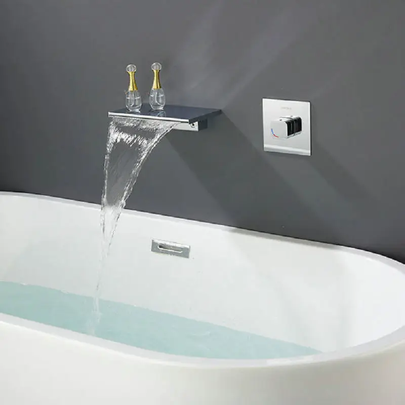 Silver In-wall Embedded Concealed Bathtub Faucet, Waterfall Spout, Made of Solid Copper, Hot and Cold Switch