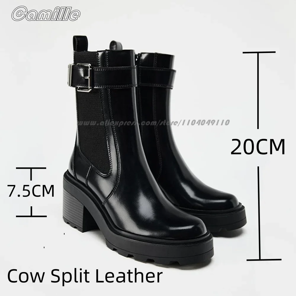 

Cow Split Leather Chunky Heel Short Chelsea Boots Round Toe 7.5CM Heel Lady Modren Boots Size 35-40 Short Plush Casual Boots