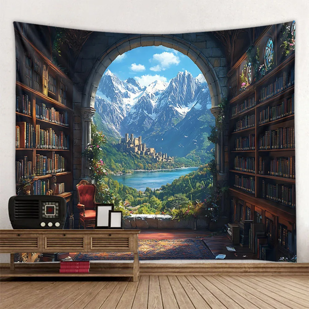 Vintage bookshelf tapestry dreamy window library wall hanging, aesthetic art decoration, home living room bedroom background