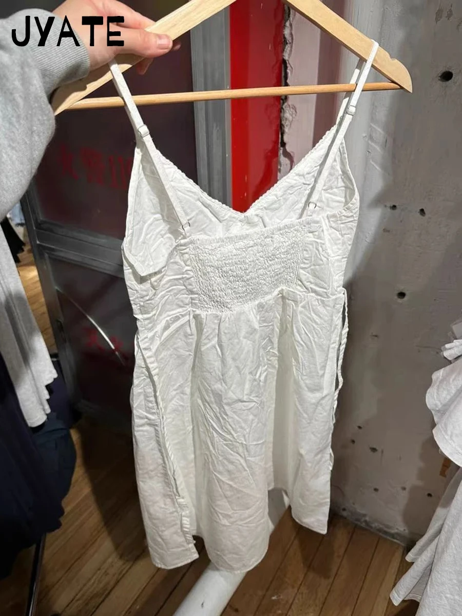 Słodka koronkowa lamówka Guziki Biała sukienka o linii A Kobiety Nowa elastyczna talia Dekolt w szpic Bez rękawów Mini sukienki Vintage Chic Y2K Krótki Vestido