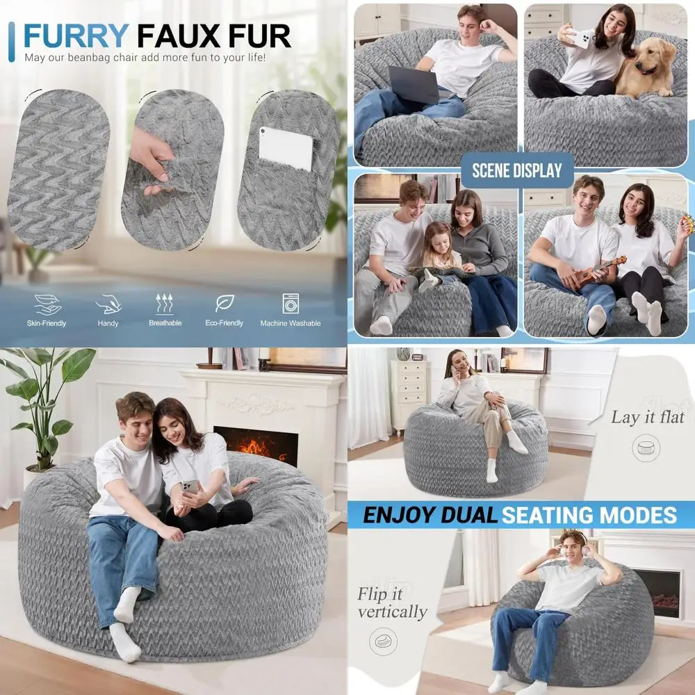 

Giant Adult Bean Bag Chairs with Memory Foam Filled, Large Chevron Plush Cover Grey