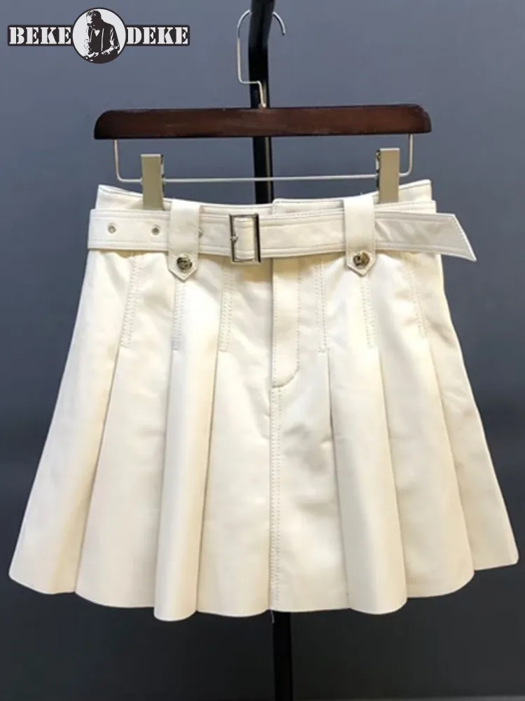 Office Ladies Top Quality Genuine Leather Fashion A-Line Skirt Slim Korean Style Sashes Solid Color Sheepskin Pleated Skirts
