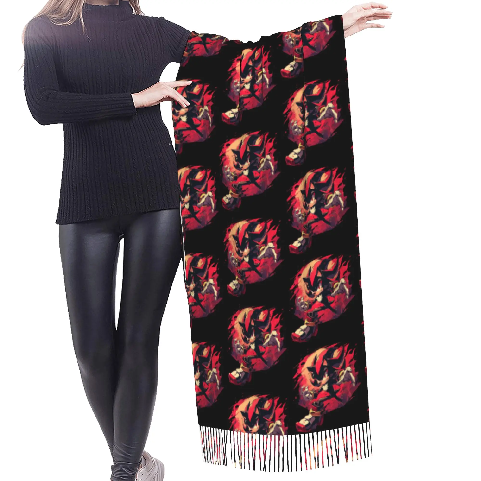 Custom Female Large S-Soniced Cartoon Scarves Women Winter Fall Soft Warm Tassel Shawl Wrap Video Game Scarf