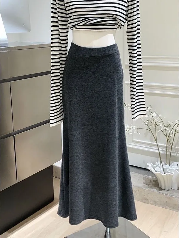 Falda de cola de pez para mujer Ree, cintura elástica, efecto adelgazante, cepillada, media pierna, primavera-verano, faldas largas versátiles, estilo holgado y cómodo.