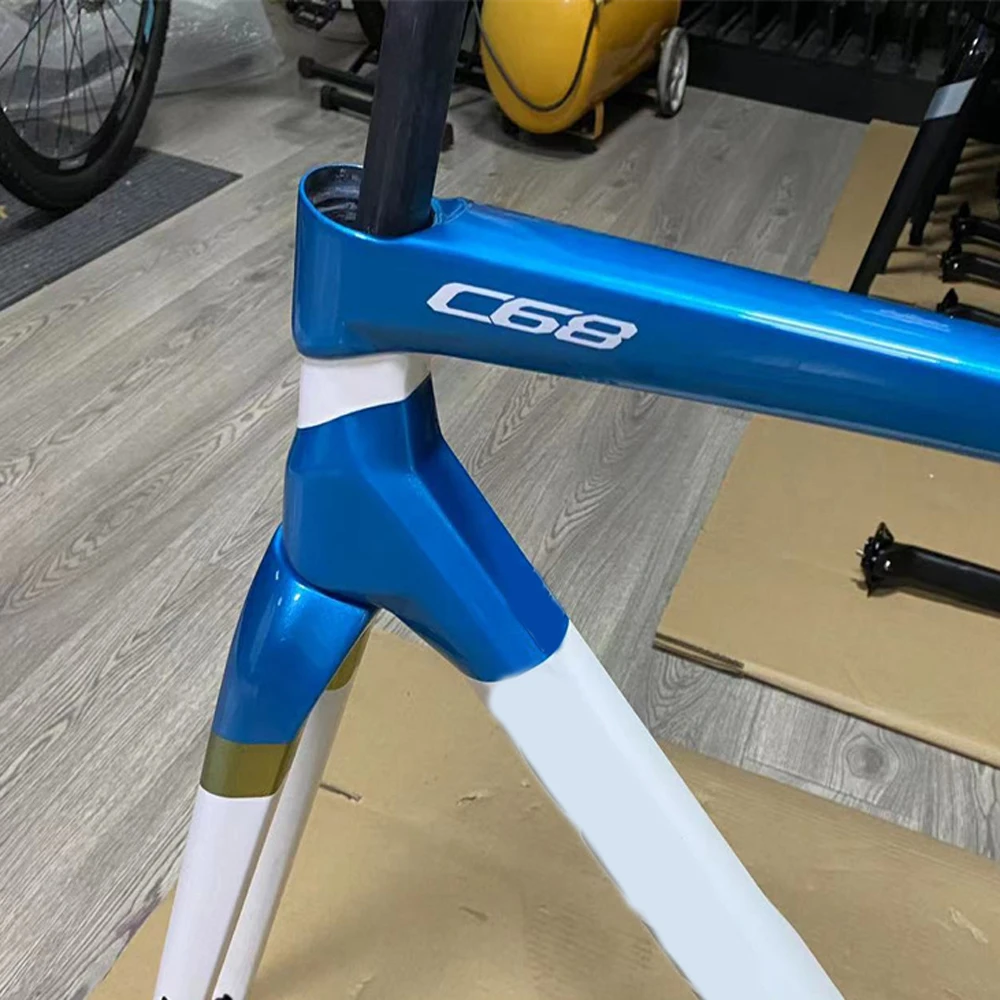 Blue White Gold C68 Carbon Road Frame Disc Brake Racing Bicycle Carbon Frame Size 455 485 510 Bike Frameset With Handlebar