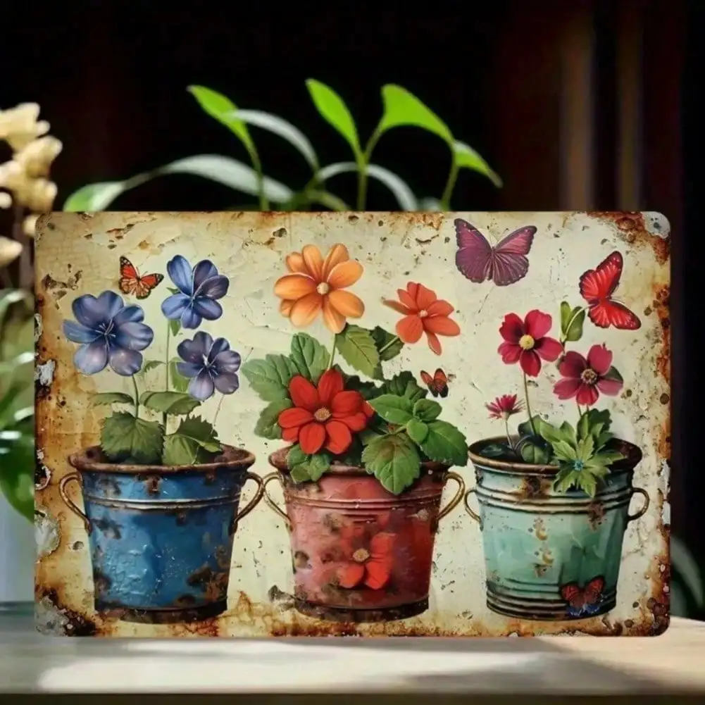 لوحة فنية جدارية معدنية عتيقة للحديقة مع فراشات زهور، ديكور منزلي داخلي وخارجي لغرفة المعيشة والحديقة باتي #1