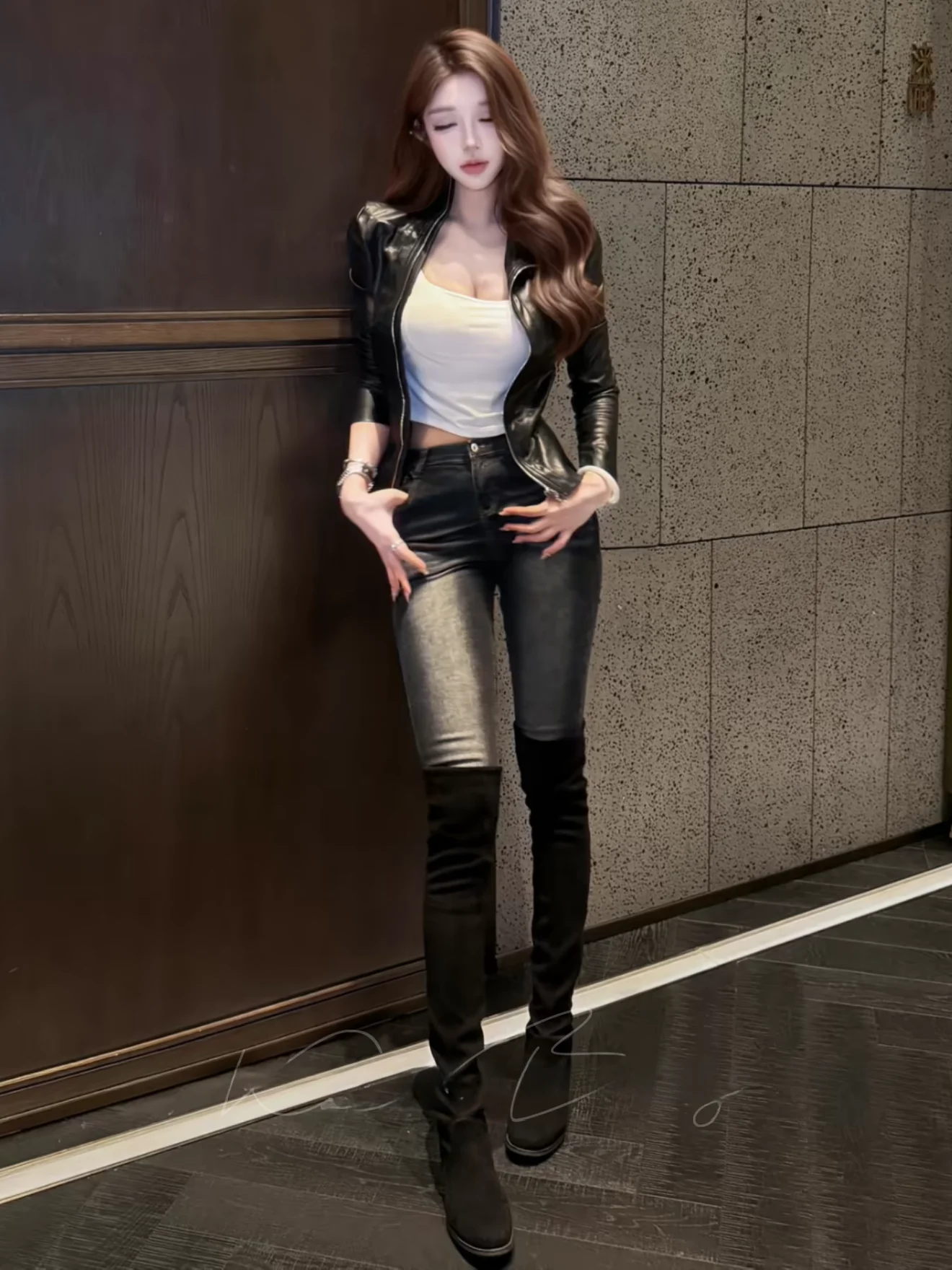 

High Waist Slim Fit Pants Korean Style Black Grey High Waist Wide Hip Nine Points Jeans Women's Autumn Cotton Stretch Denim
