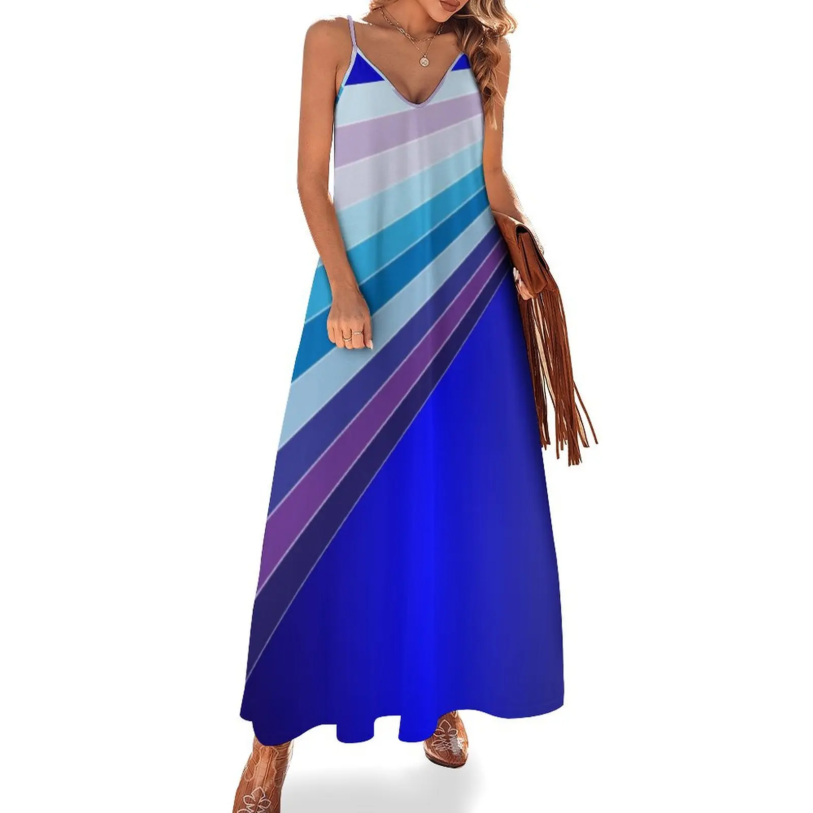 

65 MCMLXV Retro 70s Disco Blue Streaks of Light Pattern Sleeveless Long Dress Beachwear woman dress long dress women