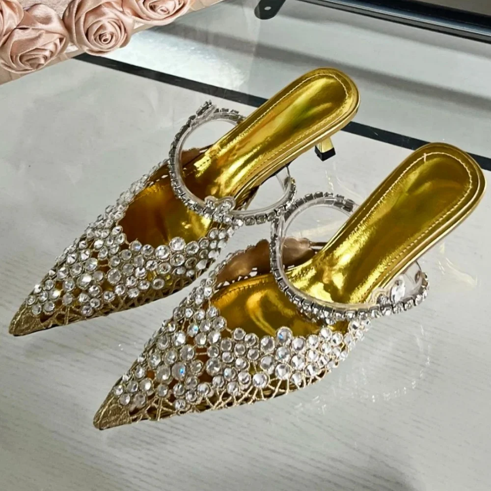 

2024 Temperament Shiny Rhinestone Pointed Slippers Pumps for Women Luxury Design Hollow Sequin High-heeled Shoes Banquet Dress