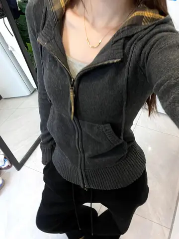 여성용 니트 한국 스타일 슬림핏 여성용 후드 지퍼 체크무늬 스웨터 카디건 니트 스웨터 카디건 니트 스웨터 카디건