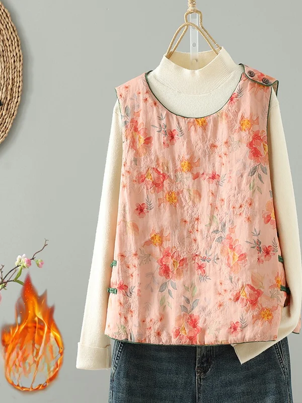 

Thiened Chinese Sle Printed Women's Vest Autumn Winter Commute Sle round Ne Single Button Closure ort Length