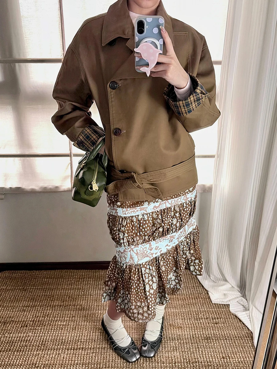 

Classic Inclusive Fit Retro Double-Breasted Plaid Patchwork Color Blo ort Coat Jaet Women's Busin Casual Polyester F...