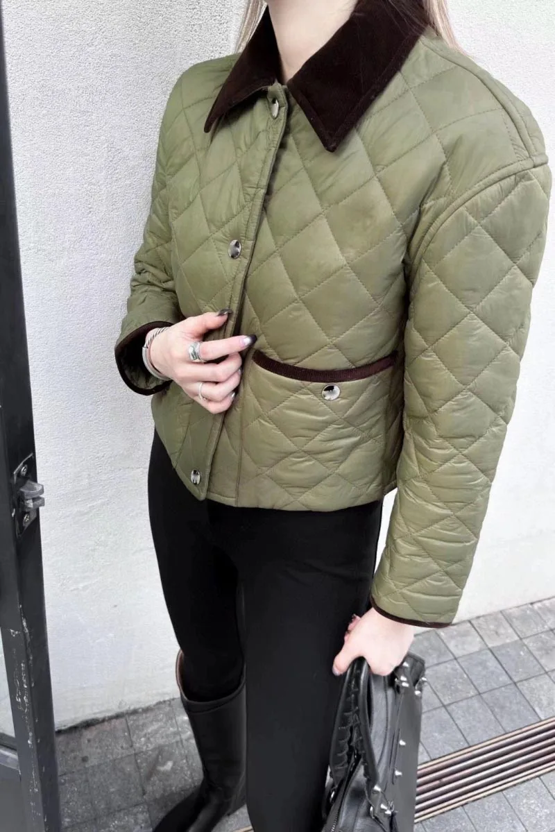 Street style women's loose casual single breasted retro diamond grid cotton jacket short cotton jacket