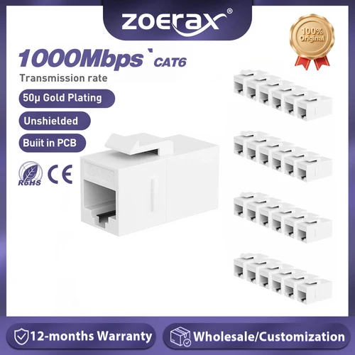 ZoeRax RJ45 CAT6 Acoplador Keystone Acoplador de inserción hembra a hembra, Acoplador en línea Keystone UTP CAT6 Blanco