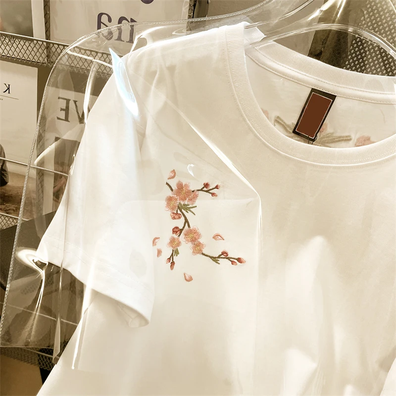 Chinese Styl T Shirts O Neck Short Sleeve Flower Embroidery Top Tees Summer Casual Loose 90s Fashion Vintage Chic Women Clothes