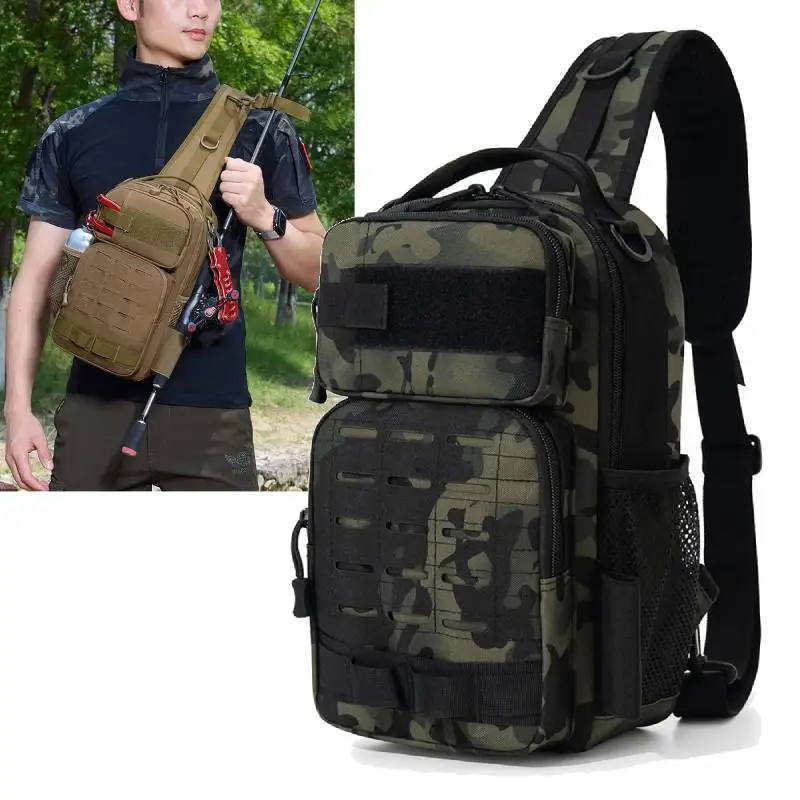 

Men Tactical Chest Bag with Rod Holder Fishing Camping Climbing Cycling Outdoor Sports Bags Molle Short Trip Lure Pouch Pack