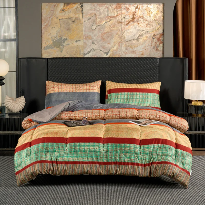 1PC， vintage contrasting striped printed Bohemian style winter blanket, thick and warm winter single and double duvet