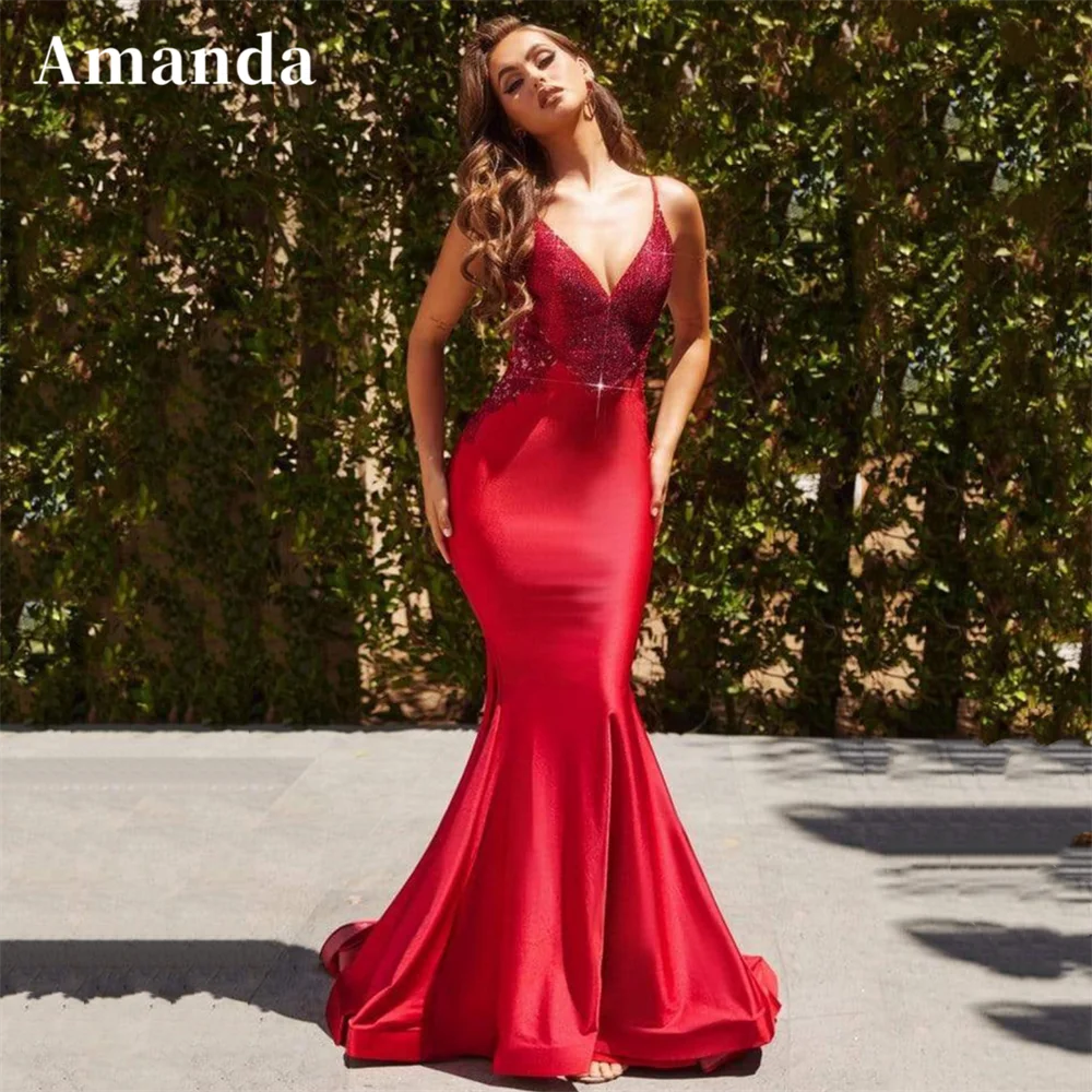 

Amanda Sexy Mermaid فساتين السهرة Lace Embroid Prom Dress Burgundy Fishtail Vestidos De Noche Satin Spaghetti Strap Prom Gown