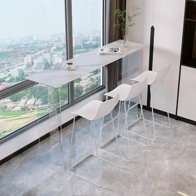acrylic suspended transparent rock slab bar table, outdoor balcony partition long strip by window narrow table high white dining