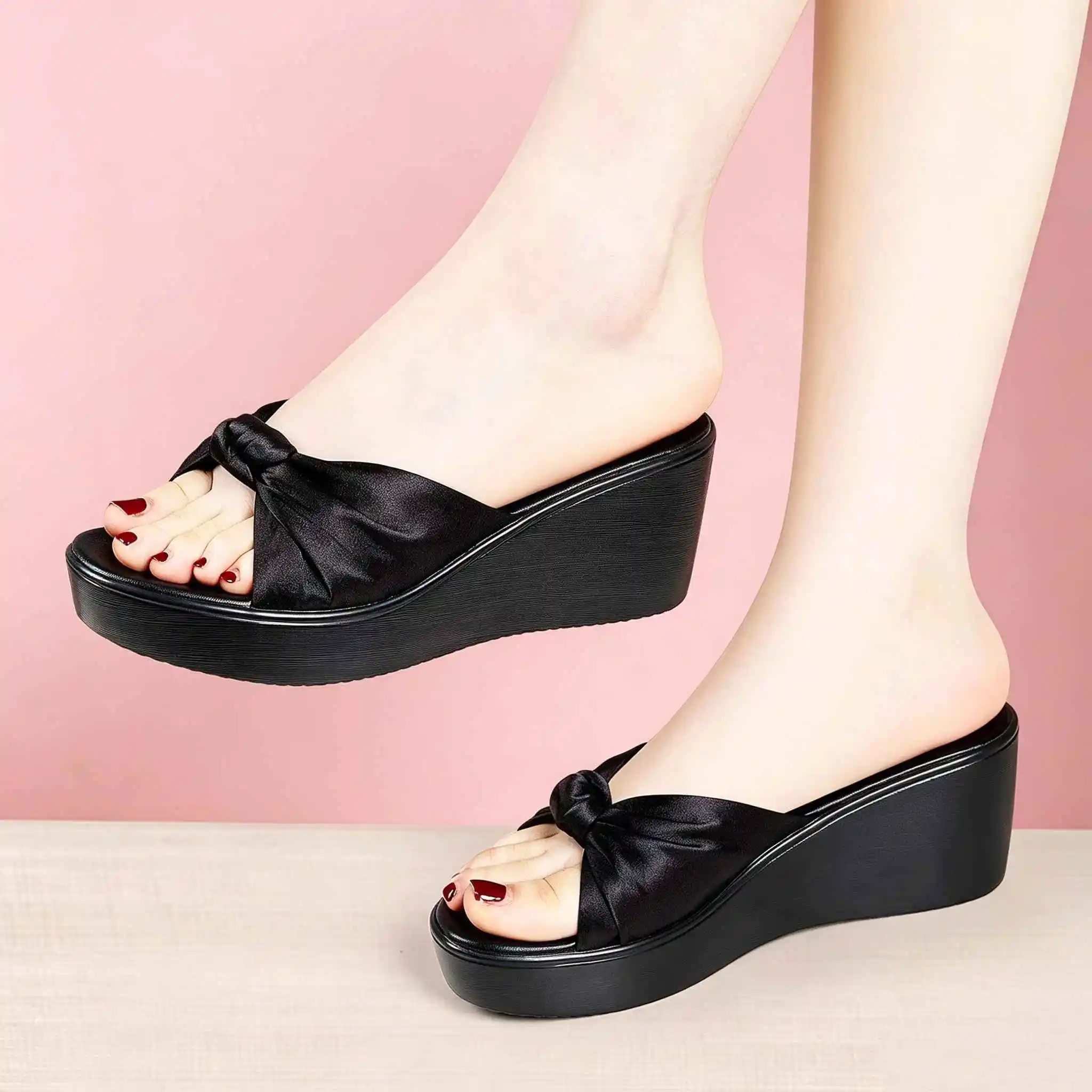 6cm Small Big Size 32-43 Comfortable Sweet Bow Slippers Genuine Leather Shoes Summer 2026 Med Heel Flat Platform Slides Office