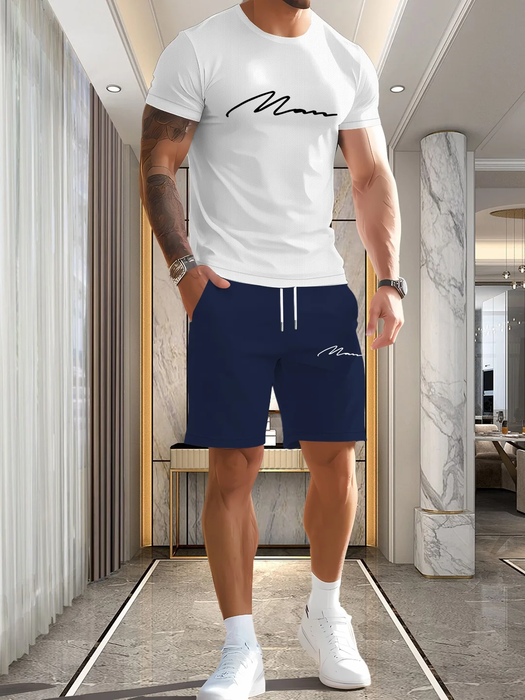 

Men's two-piece sportswear set, including short sleeved top and shorts, breathable and fashionable regular style
