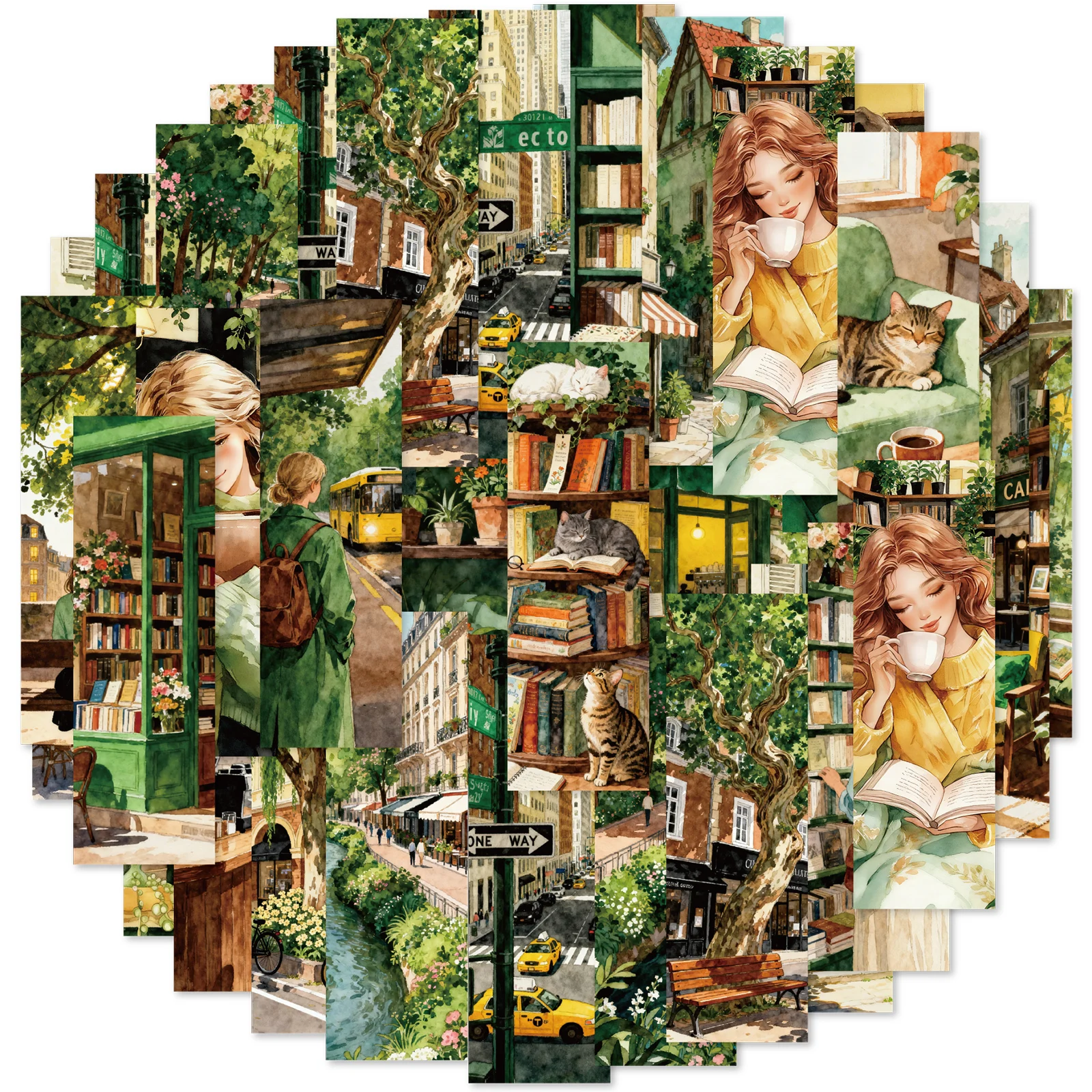 Etori Life City Alley Book Sound Carat de fille rétro avec bibliothèque City Architecture Pattern Pet Autocollants pour ordinateur portable, album photo, signet, autocollant de téléphone, fournitures de scrapbooking faites à la main, sac en papier cadeau, fournitures scolaires, fête vintage, autocollants de jouets