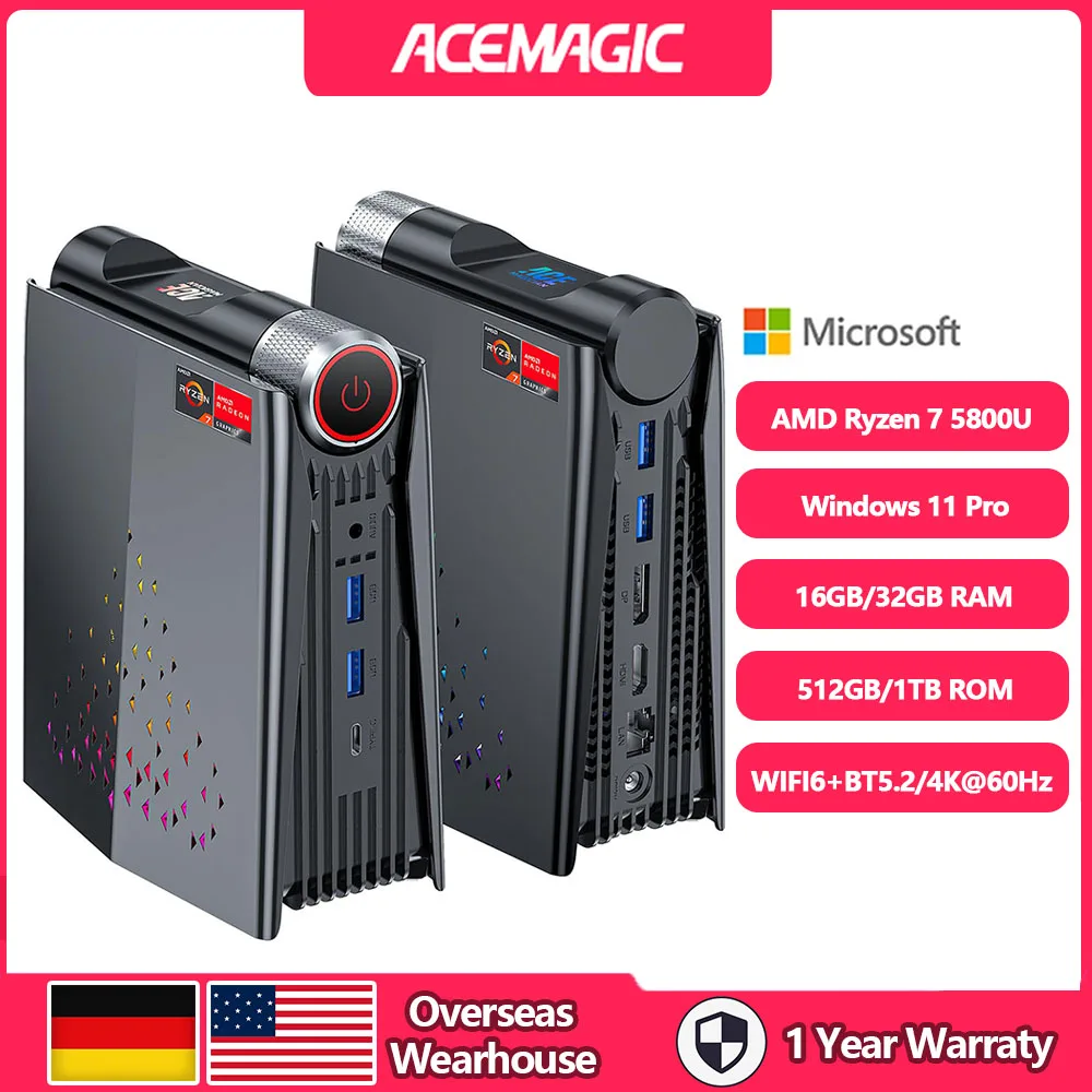 ACEMAGIC AMR5 Mini PC Gaming AMD Ryzen 7 5800U RAM 16/32GB DDR4 512GB/1TB SSD Gamer Computer RGB Light Control WiFi6 BT5.2