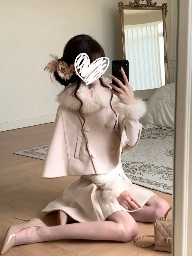 French Style Elegant 3-piece Set Women New Autumn Winter Fur Collar Cape + Wool Sleeve Base Top + Short Skirt Suit Chic Clothes