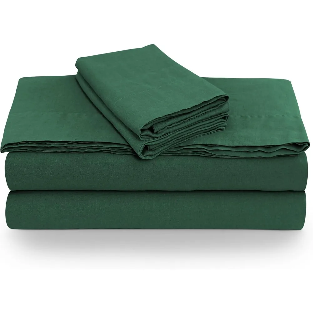 

100% French Linen 4-Piece Hotel Bed Sheet Set, Jade Green, Cal King Sheets - Extra Deep Pocket Bed Sheet SetGarment Washed