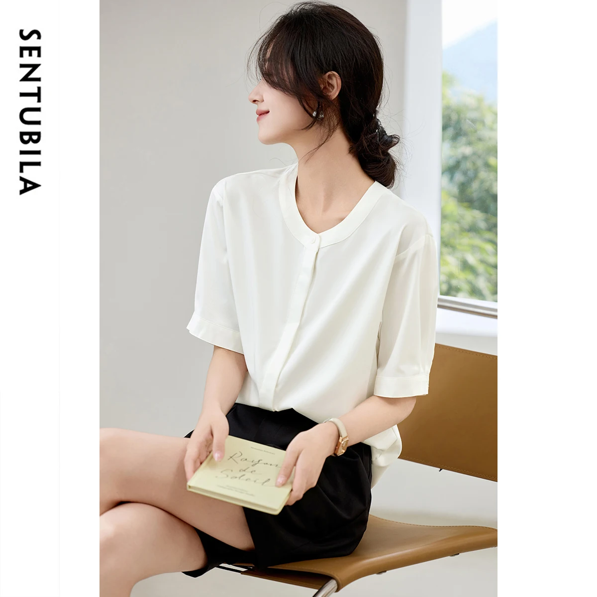 SENTUBILA Office Lady Women Shirt 2025 Summer Loose Fit Half Sleeve Solid Covered Button Basic Blouse Woman Clothing 152C59367