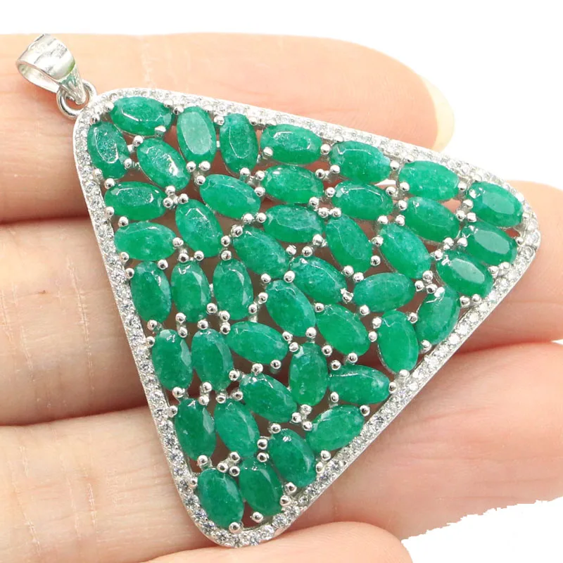 42x38mm 6.5g Real 925 Solid Sterling Silver Pendant Big Trangle Real Green Emerald Tourmaline White Sapphire