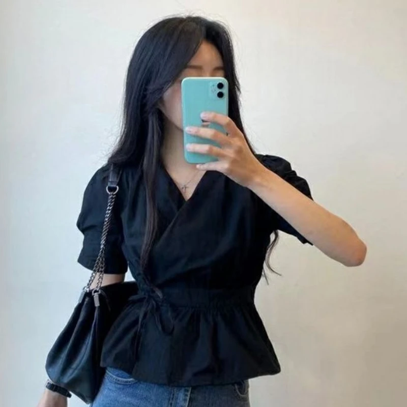 Shirts Women V-neck Lace-up Short Sleeve Flattering Waist Solid Minimalist Trendy Designed Summer All-match Korean Style Blouse
