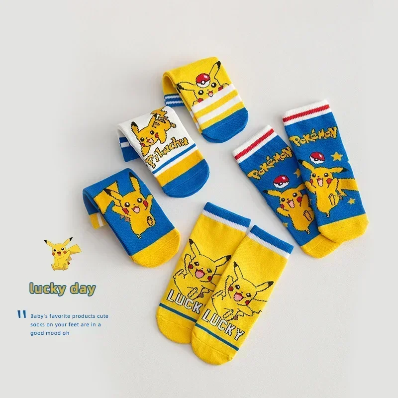 Calcetines de Pokémon para niños y niñas, calcetín de tubo medio de algodón puro con figura de Anime de dibujos animados, Pikachu, regalos de