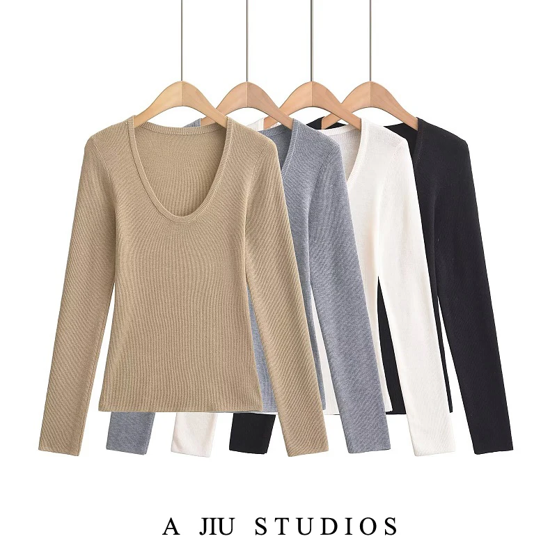 

Slim Fit Long Sve U-Ne Knitted Base irt Women's Pure Color Inner Wear Versatile Commute Sle Spring 2025 Regular Length