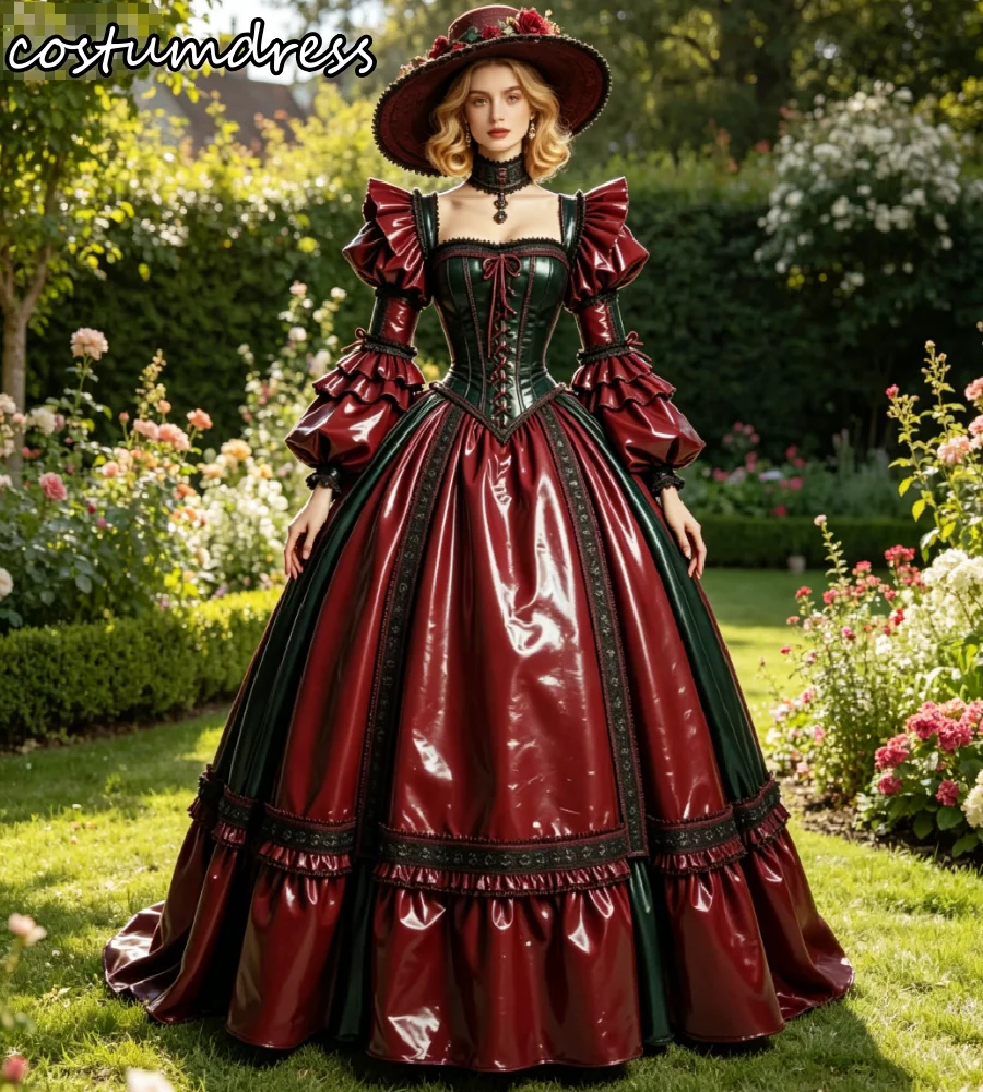 Latex Victorian Dark Red Evening Dress Long Sleeve Ball Gown Gothic Rococo Renaissance Cosplay Prom Gowns Halloween Formal Party