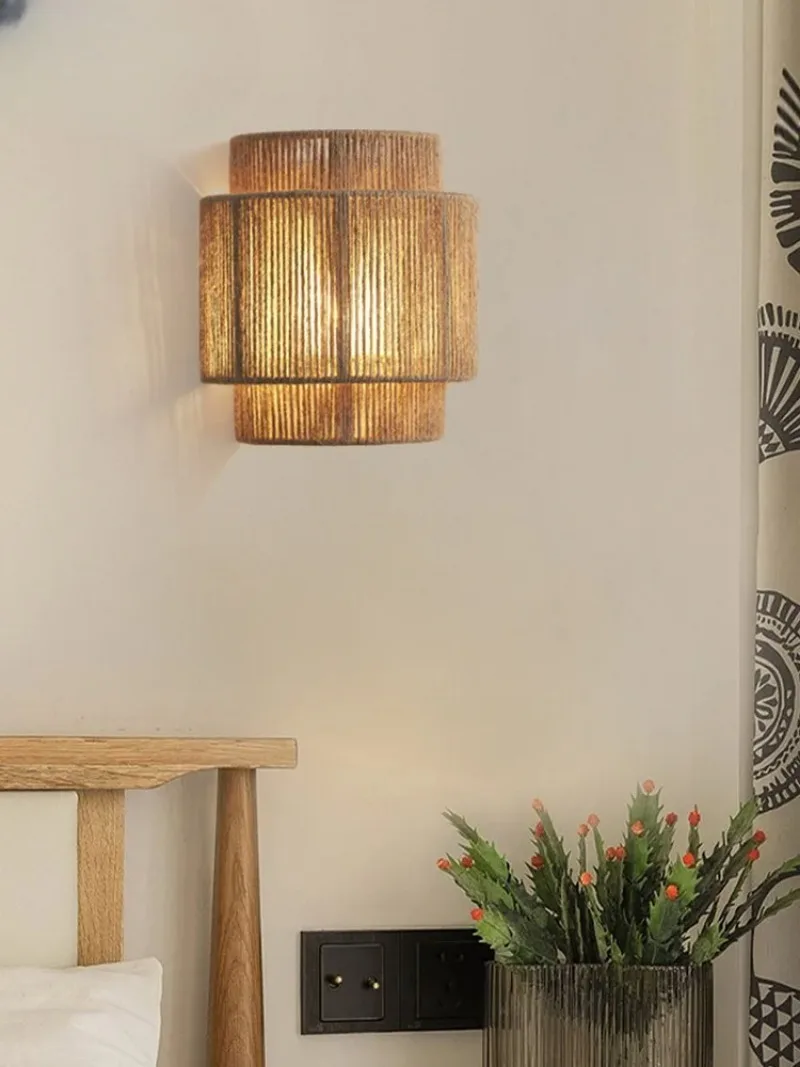 Japanese Wabi-sabi Retro Rattan Weaving Wall Lamp LED E27 Hemp Rope Wall Sconces Living Room Bedroom Bedside Homestay Corridor