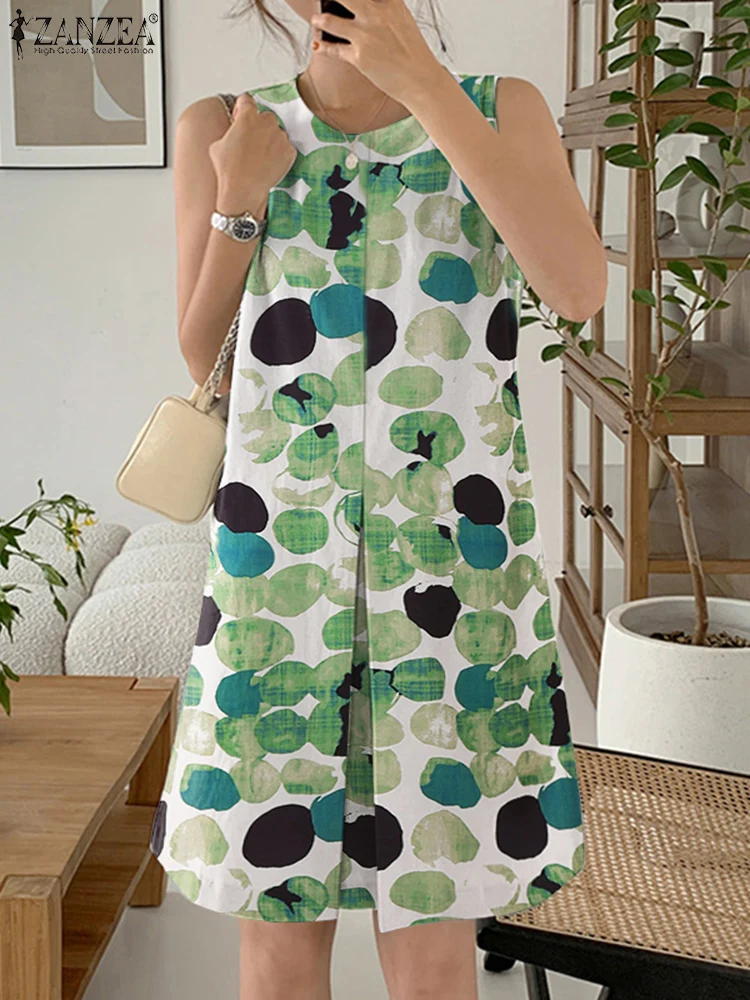 أنيق النساء الدبابات فساتين 2025 ZANZEA الصيف بلا أكمام مطبوعة Sudress موضة فستان مناسبات عادية س الرقبة مطوي Vestidos