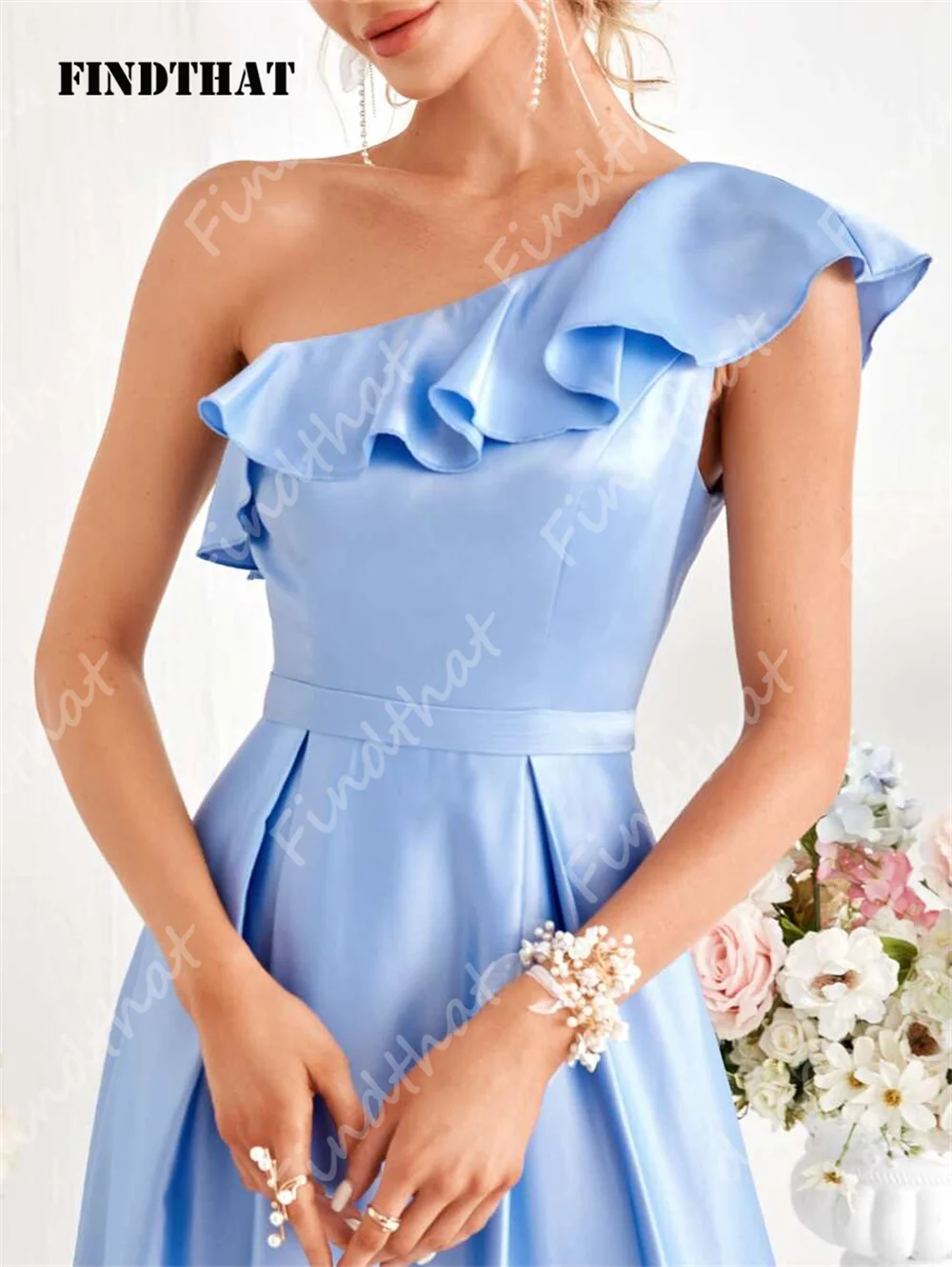 Findthat One Shoulder Bridesmaid Dress 2024 Ruffles Sleeves Ankle-Length A-Line Satin Prom Evening Party Gowns vestidos de festa