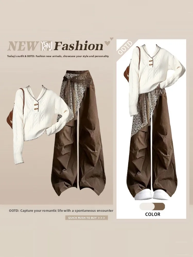 

ort Knitted Knit Sweater Set Women's Collar Wide Leg Pants Winter Faion Ensemble High Waist Trousers American Sle Autum...