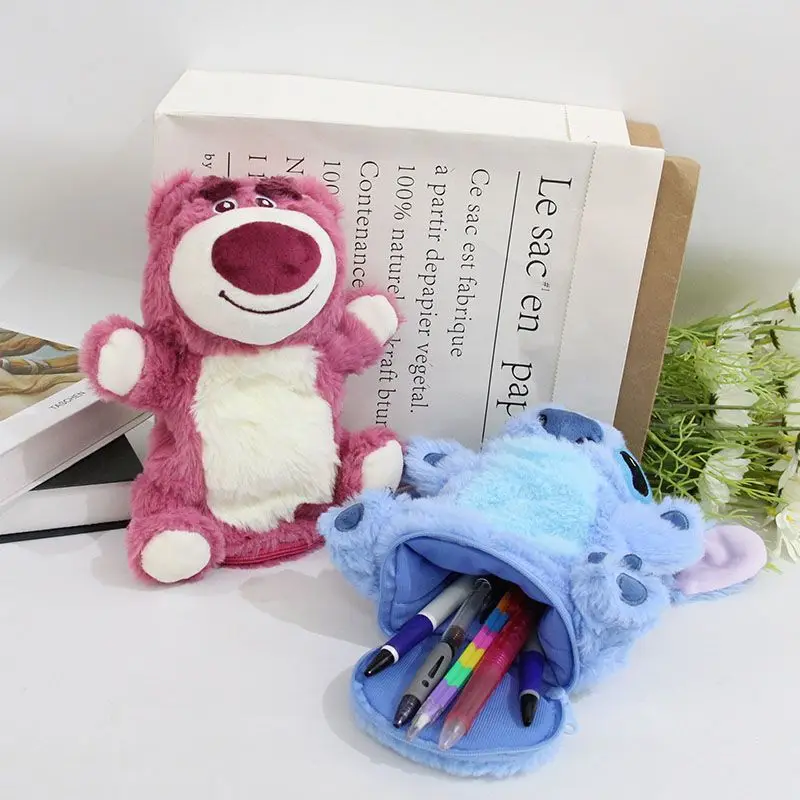 Disney Embroidery Anime Plush Cute Pencil Box Kawaii Pencil Case Girls' School Home Stationery Box Lilo&Stitch Plush Bag Gift