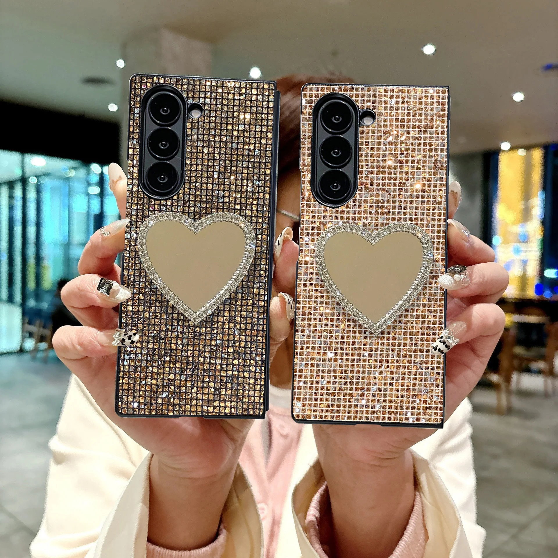 Niedliche Herz-Preal-Make-up-Spiegel-Glitzer-Gitter-Leder-Handyhülle für Samsung Galaxy Z Fold 7, 6, 5, 4, 3, 5G, modische harte PC-Rückseite